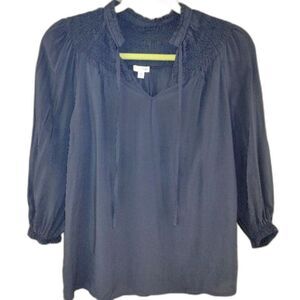 Odille Bohemian Blouse Anthropologie Size XS Smocking Flowy Navy Blue Peasant